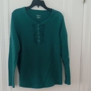 Women's Teal Long Sleeve Top with button accent and embroider design XL